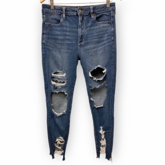 American Eagle Super High Rise Jeggings Distressed Women’s Sz 12 Stretch Jeans - Picture 1 of 11